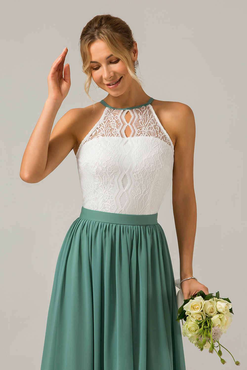 Vestido de dama de honor largo de gasa boho ojo de cerradura de eucalipto con encaje