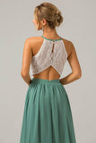 Vestido de dama de honor largo de gasa boho ojo de cerradura de eucalipto con encaje