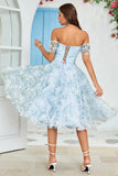 Vestido de Cóctel Azul Estampado Fuera del Hombro