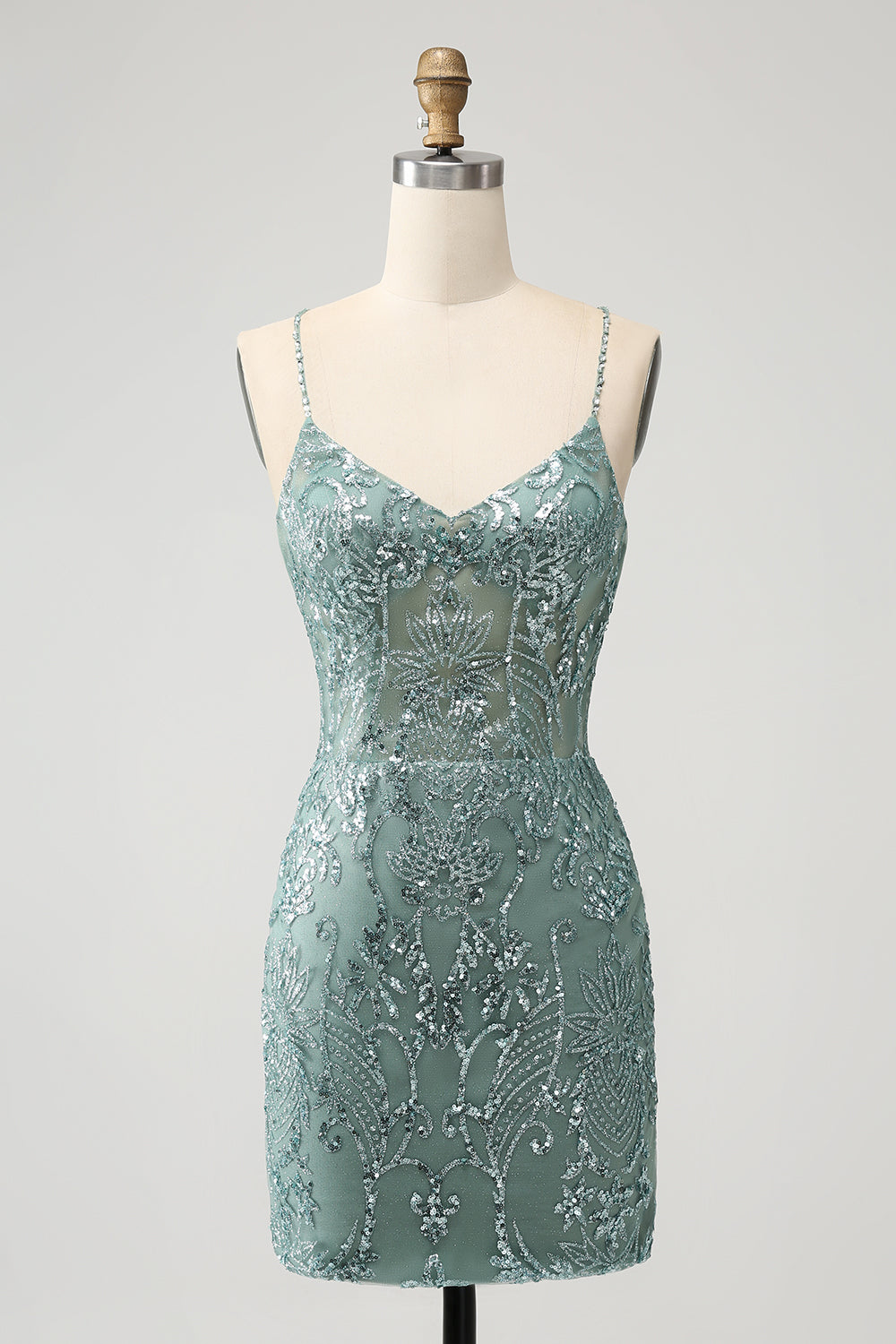 Vestido corto de regreso a casa con cuentas y cuentas verde con espalda entrecruzada