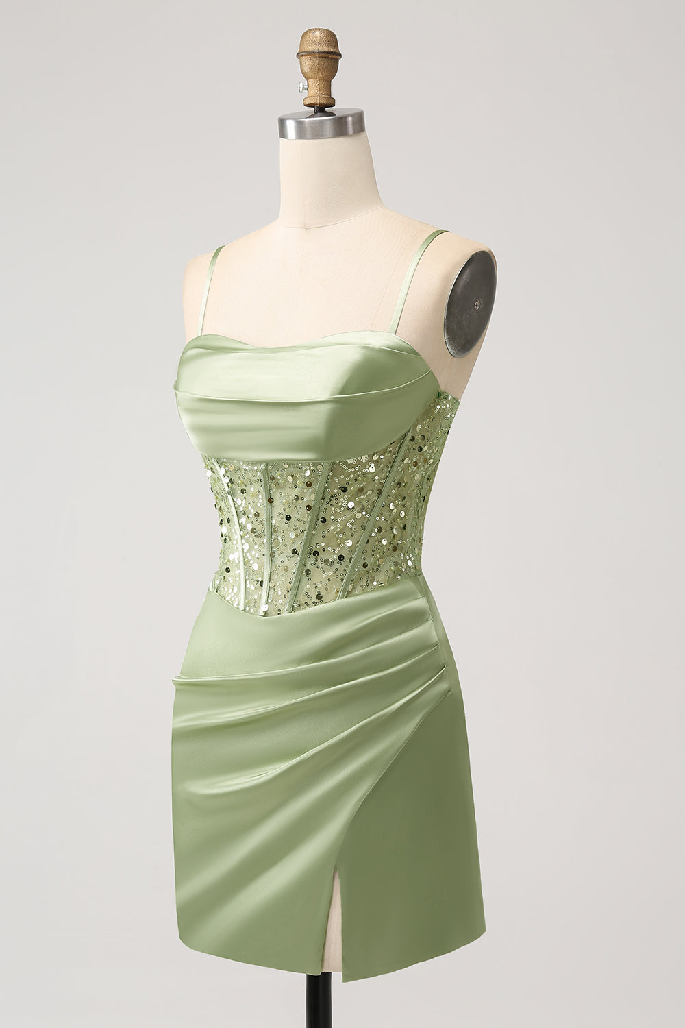 Glitter Sage Bodycon Corsé de lentejuelas Vestido corto de regreso a casa con abertura