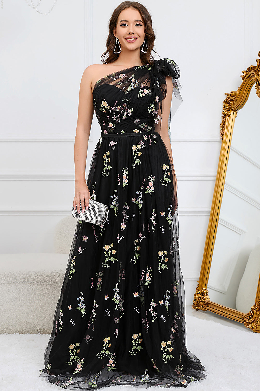 A Línea Un Hombro Vestido de Graduación Negro