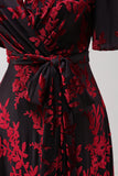 Vestido de fiesta largo de terciopelo quemado verde oscuro con mangas cortas
