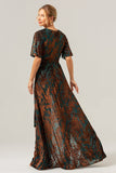 Vestido de fiesta largo de terciopelo quemado verde oscuro con mangas cortas