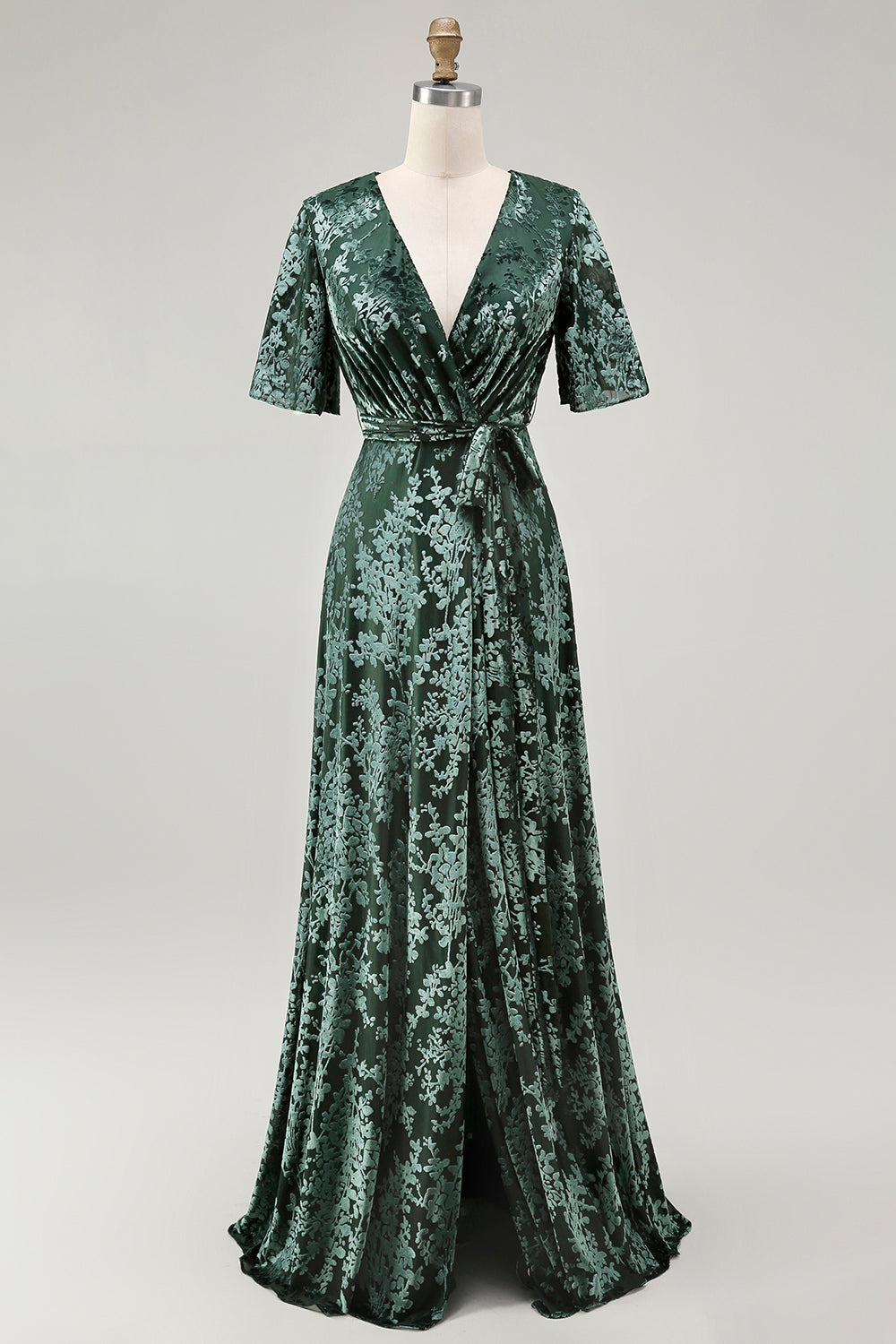 Vestido de fiesta largo de terciopelo quemado verde oscuro con mangas cortas