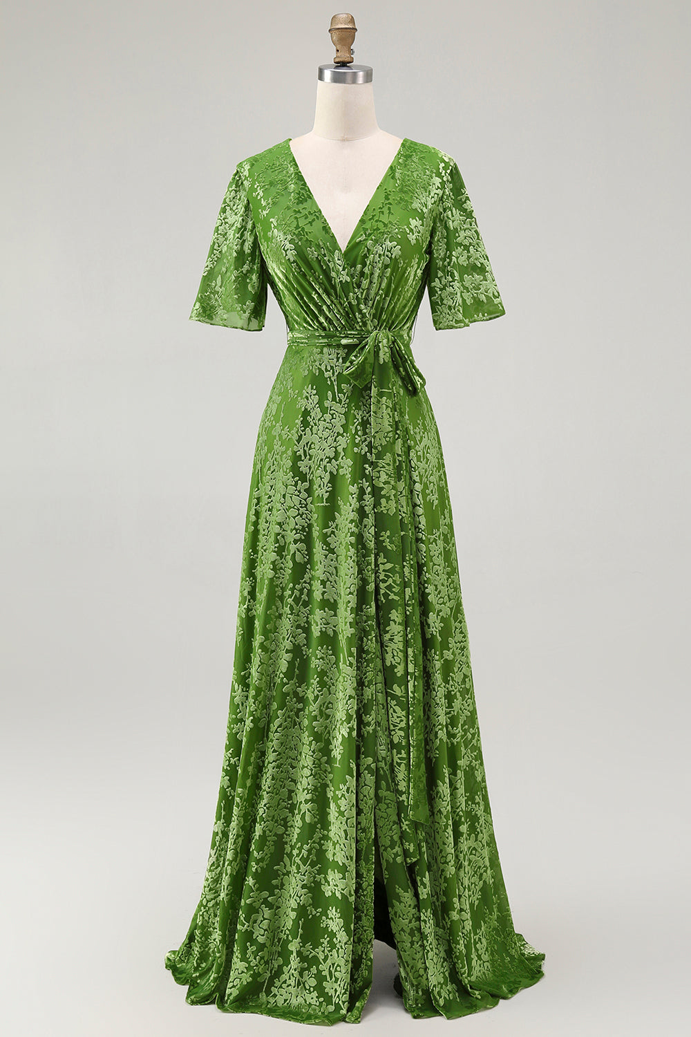 Vestido de fiesta largo de terciopelo quemado verde oscuro con mangas cortas