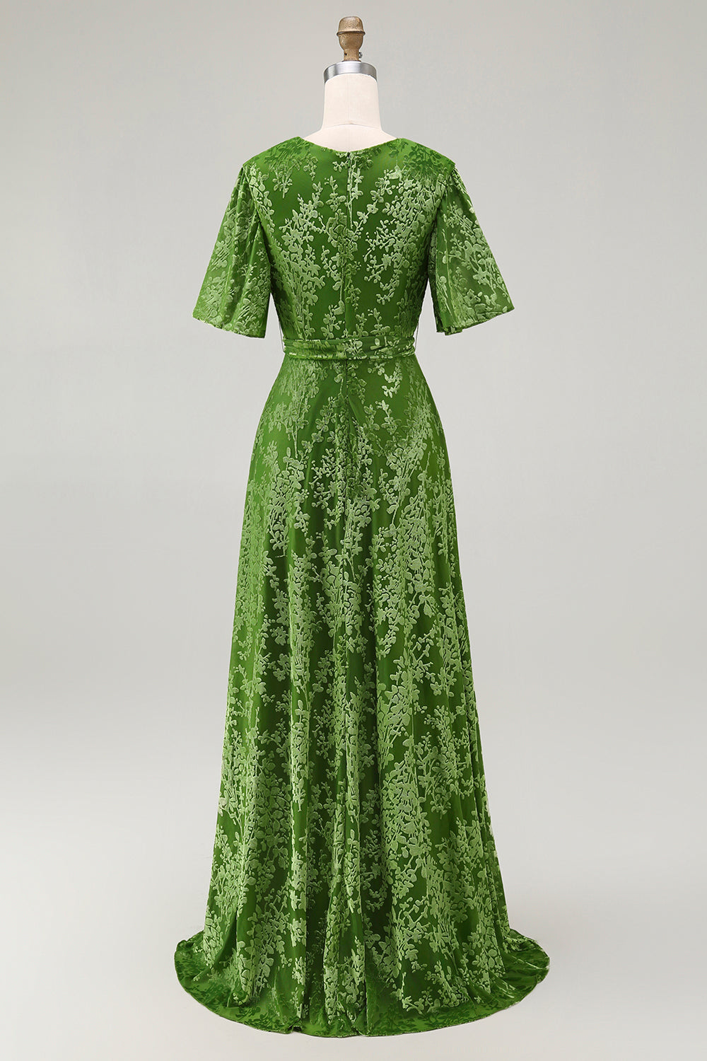Vestido de fiesta largo de terciopelo quemado verde oscuro con mangas cortas