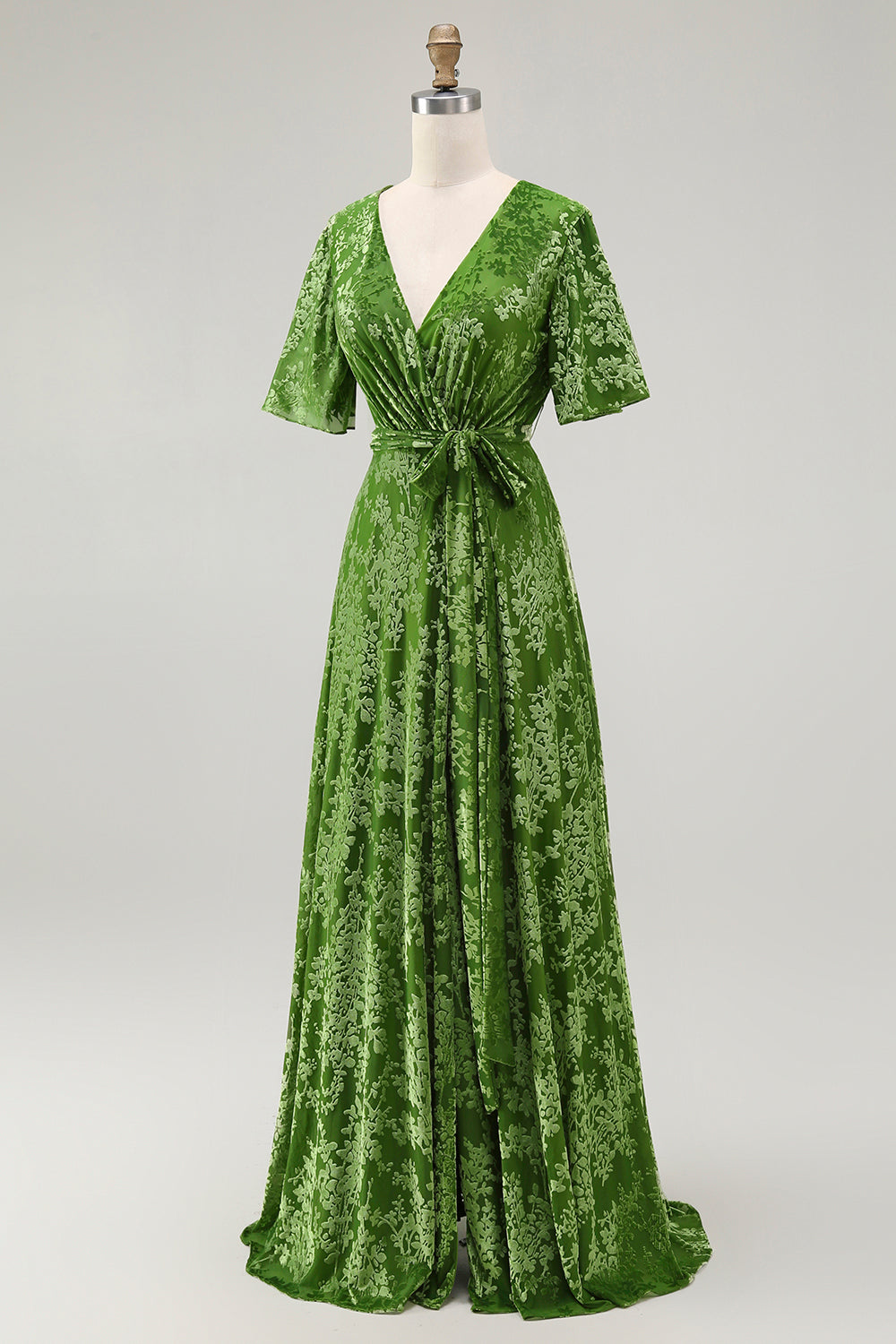 Vestido de fiesta largo de terciopelo quemado verde oscuro con mangas cortas