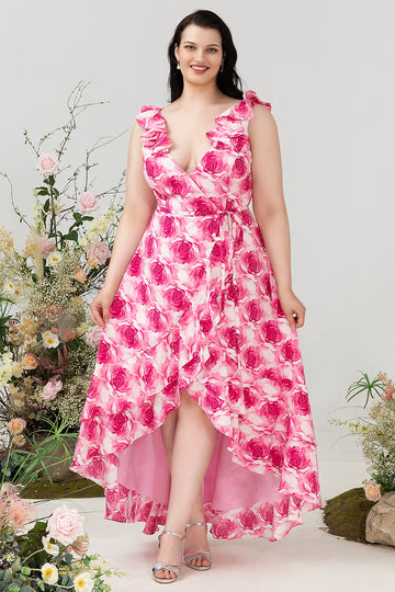 Plus Size High Low Pink Flower Printed Bridesmaid Dress con volantes