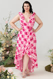 Plus Size High Low Pink Flower Printed Bridesmaid Dress con volantes