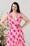 Plus Size High Low Pink Flower Printed Bridesmaid Dress con volantes