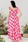 Plus Size High Low Pink Flower Printed Bridesmaid Dress con volantes