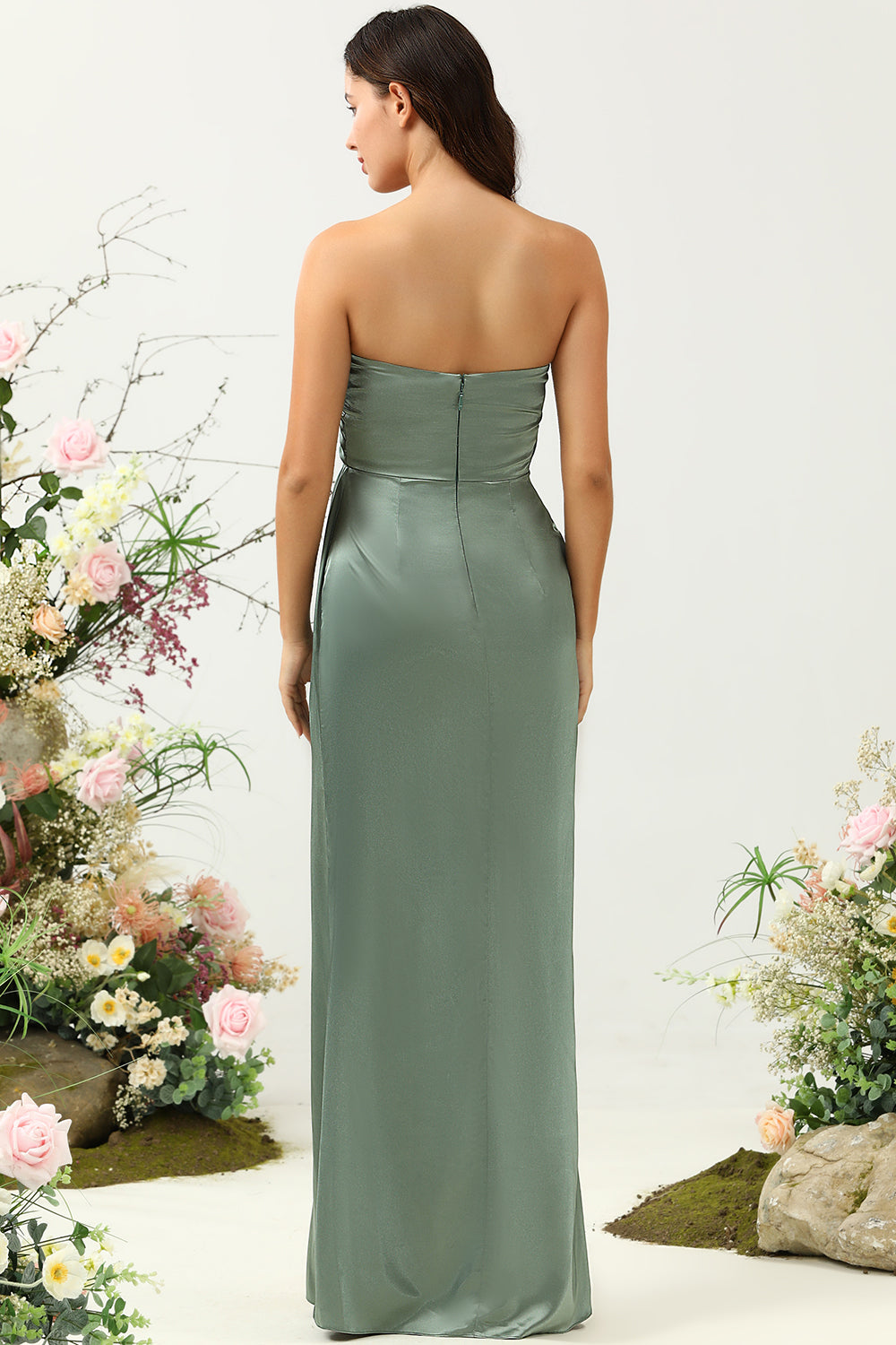 Vestido de Dama de Honor Eucalipto Sin Tirantes