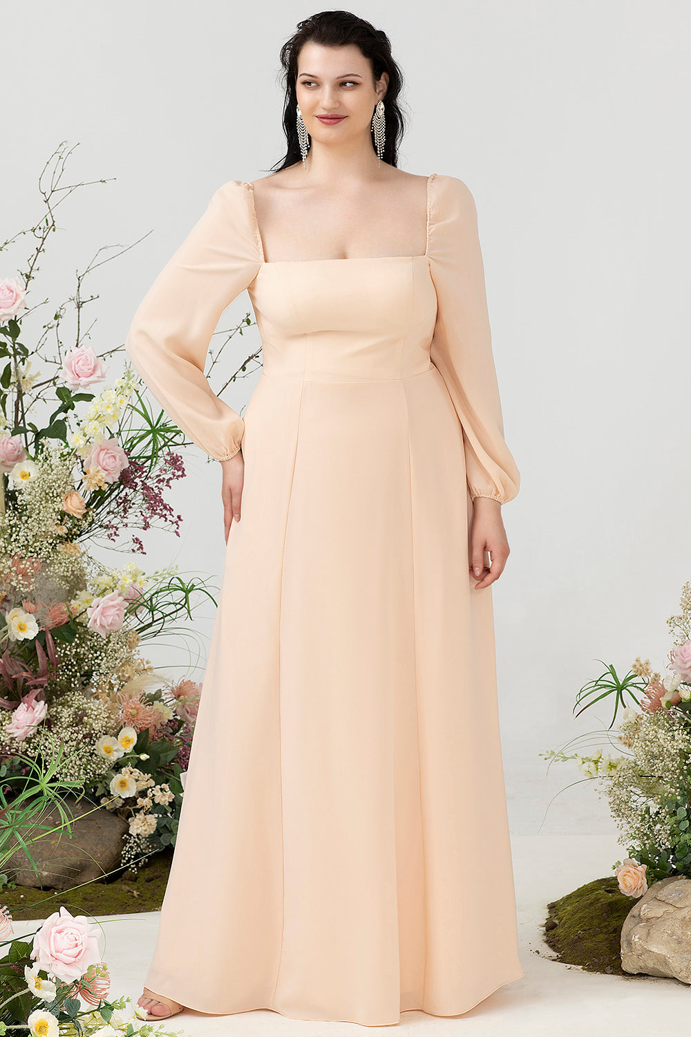 Vestido de Dama de Honor Melocotón Cuello Cuadrado