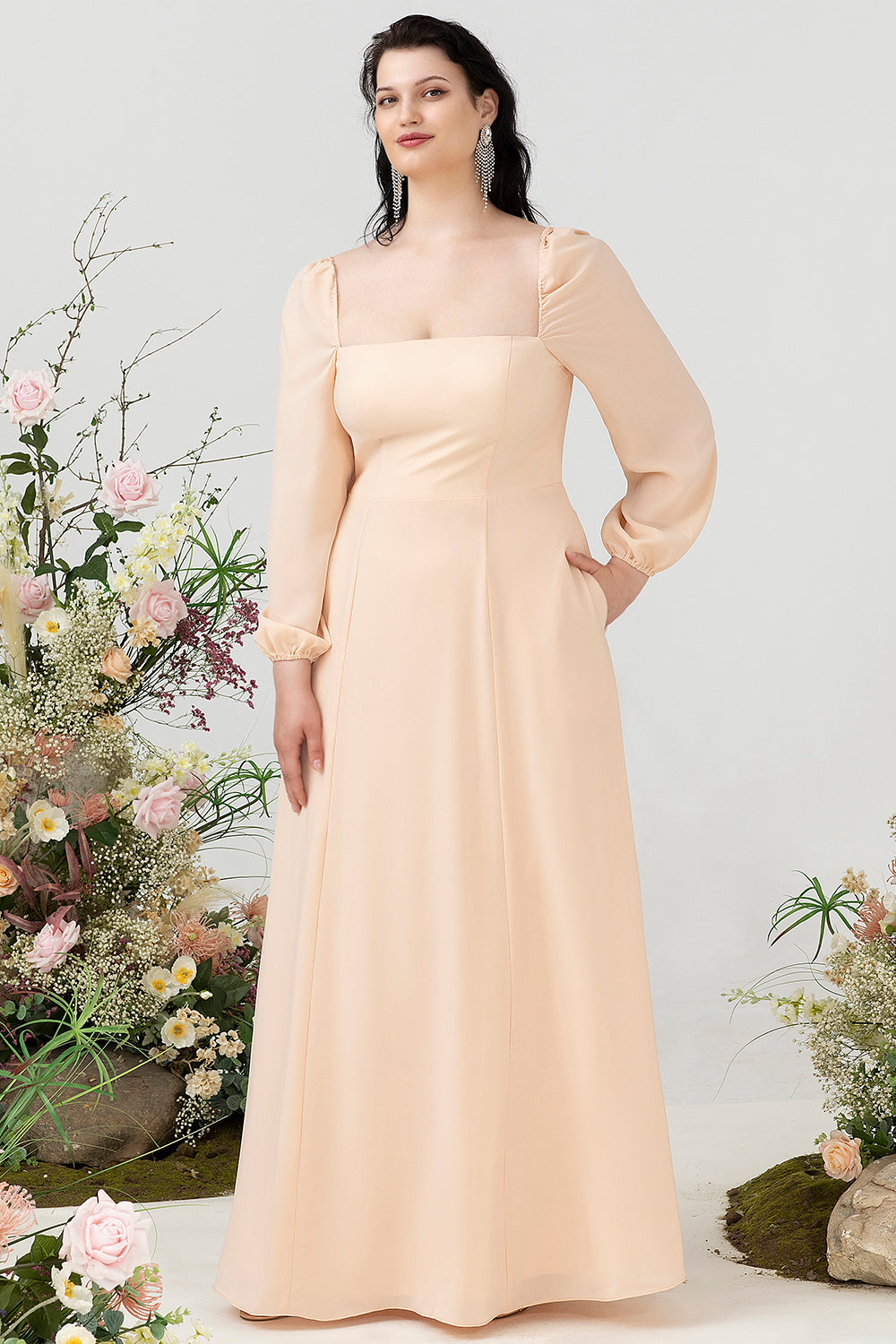 Vestido de Dama de Honor Melocotón Cuello Cuadrado
