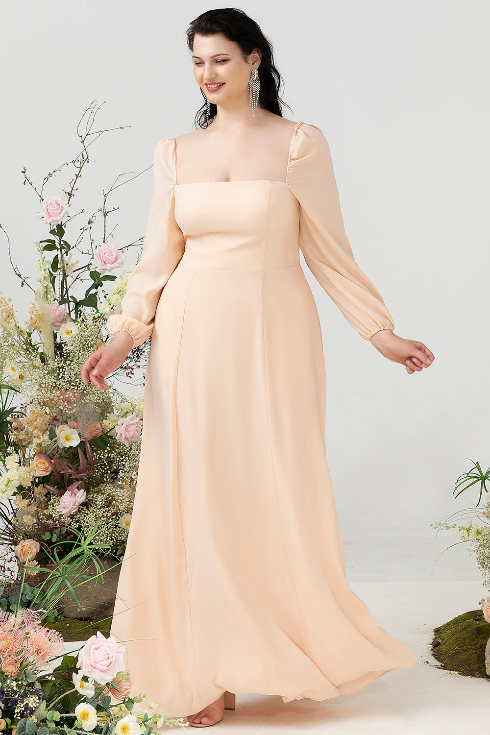 Vestido de Dama de Honor Melocotón Cuello Cuadrado