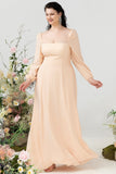Vestido de Dama de Honor Melocotón Cuello Cuadrado
