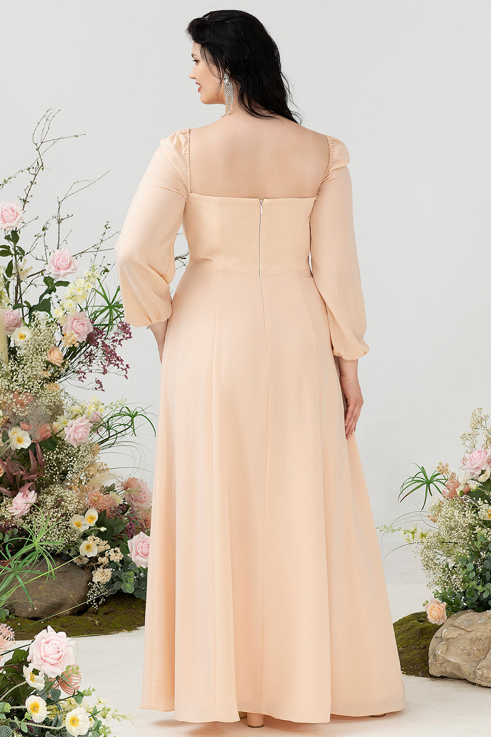 Vestido de Dama de Honor Melocotón Cuello Cuadrado