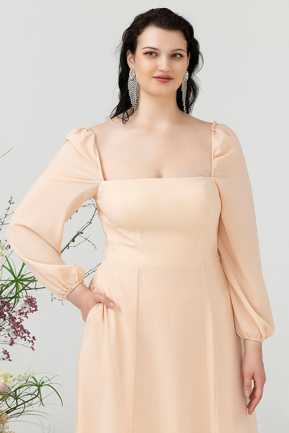 Vestido de Dama de Honor Melocotón Cuello Cuadrado