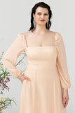 Vestido de Dama de Honor Melocotón Cuello Cuadrado