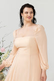 Vestido de Dama de Honor Melocotón Cuello Cuadrado
