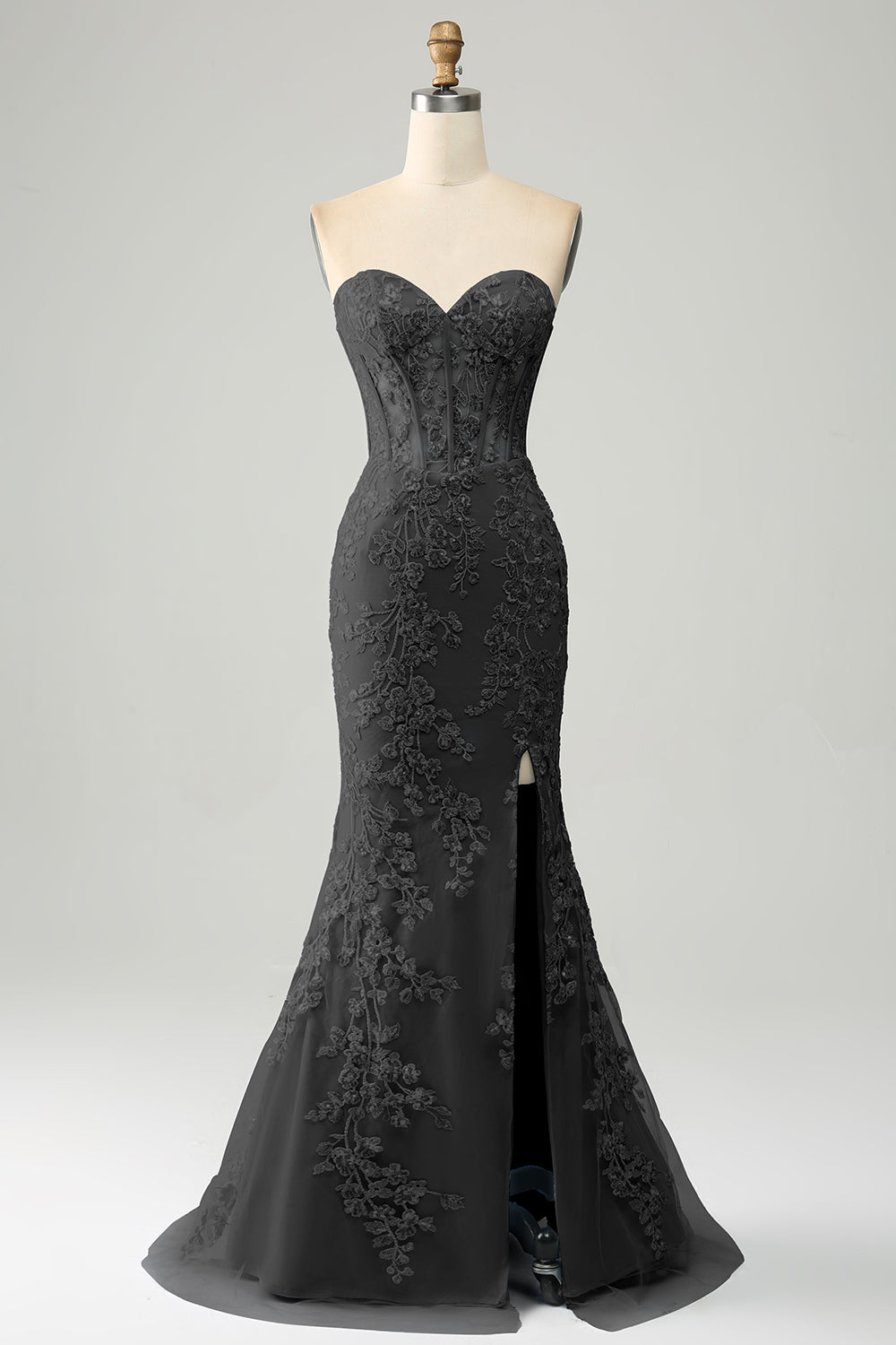 Elegante vestido de fiesta corsé azul claro de sirena con apliques