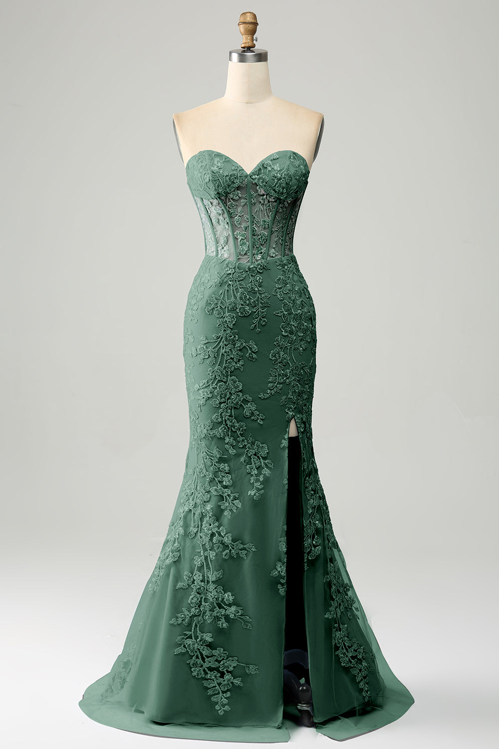 Elegante vestido de fiesta corsé azul claro de sirena con apliques
