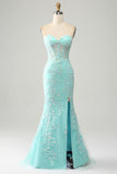 Elegante vestido de fiesta corsé azul gris de sirena con apliques