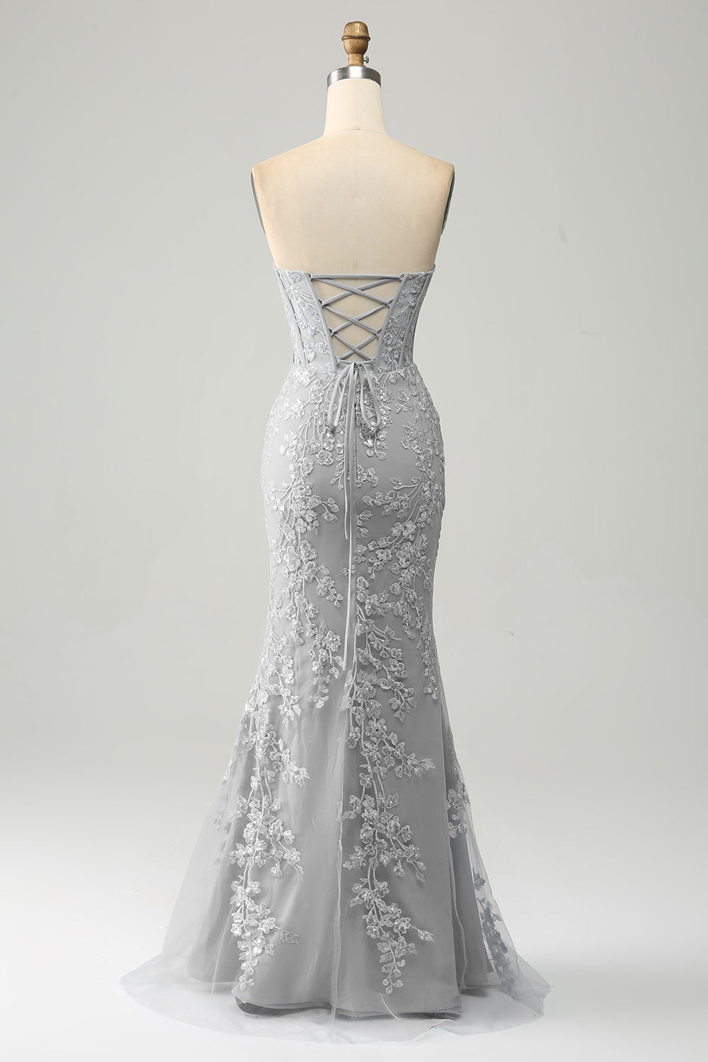 Elegante vestido de fiesta corsé azul gris de sirena con apliques