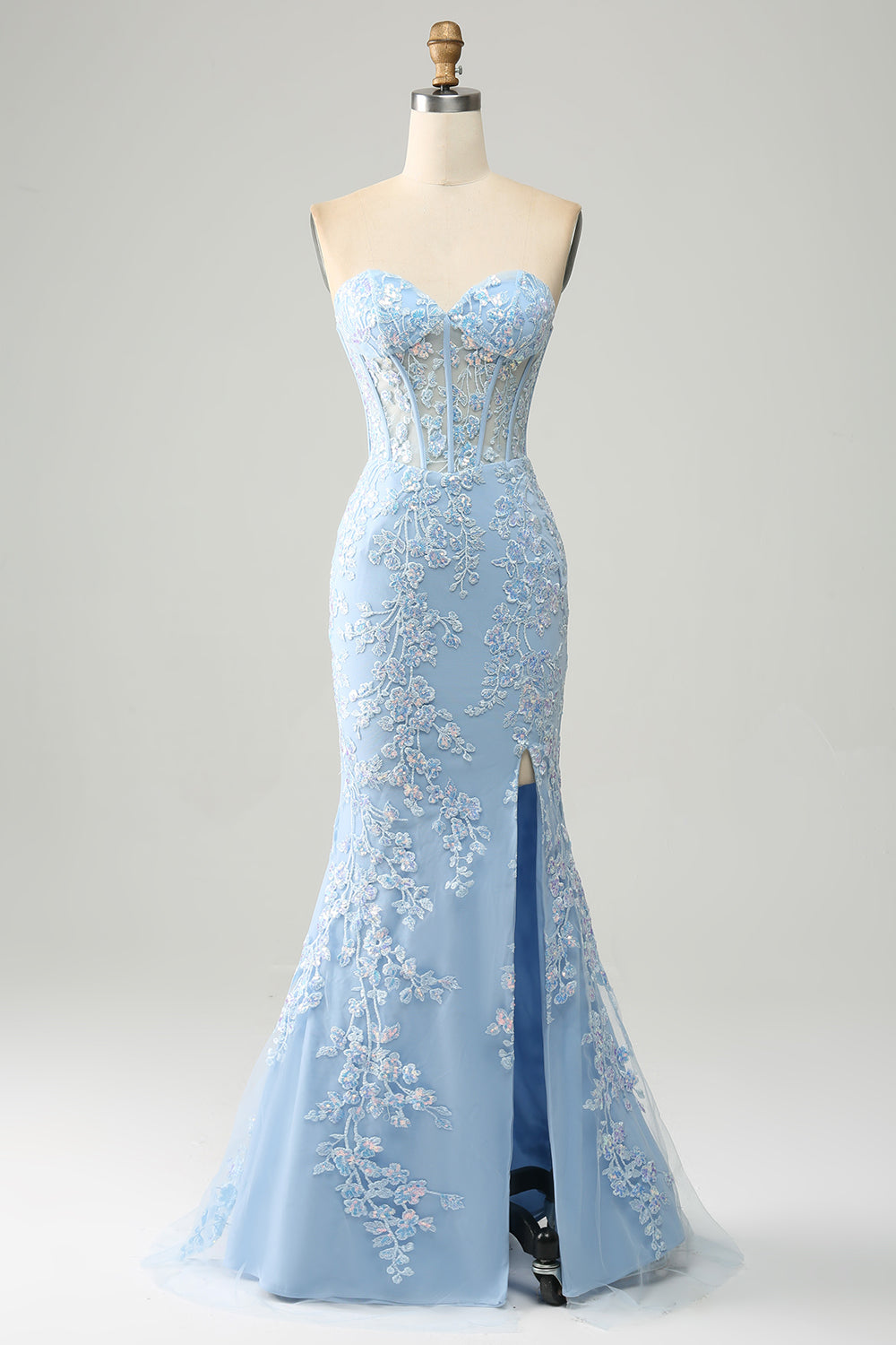 Elegante vestido de fiesta corsé azul gris de sirena con apliques