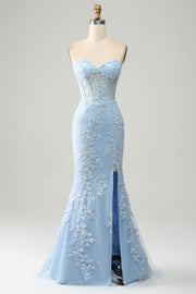 Elegante vestido de fiesta corsé azul gris de sirena con apliques