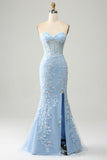 Elegante vestido de fiesta corsé azul gris de sirena con apliques