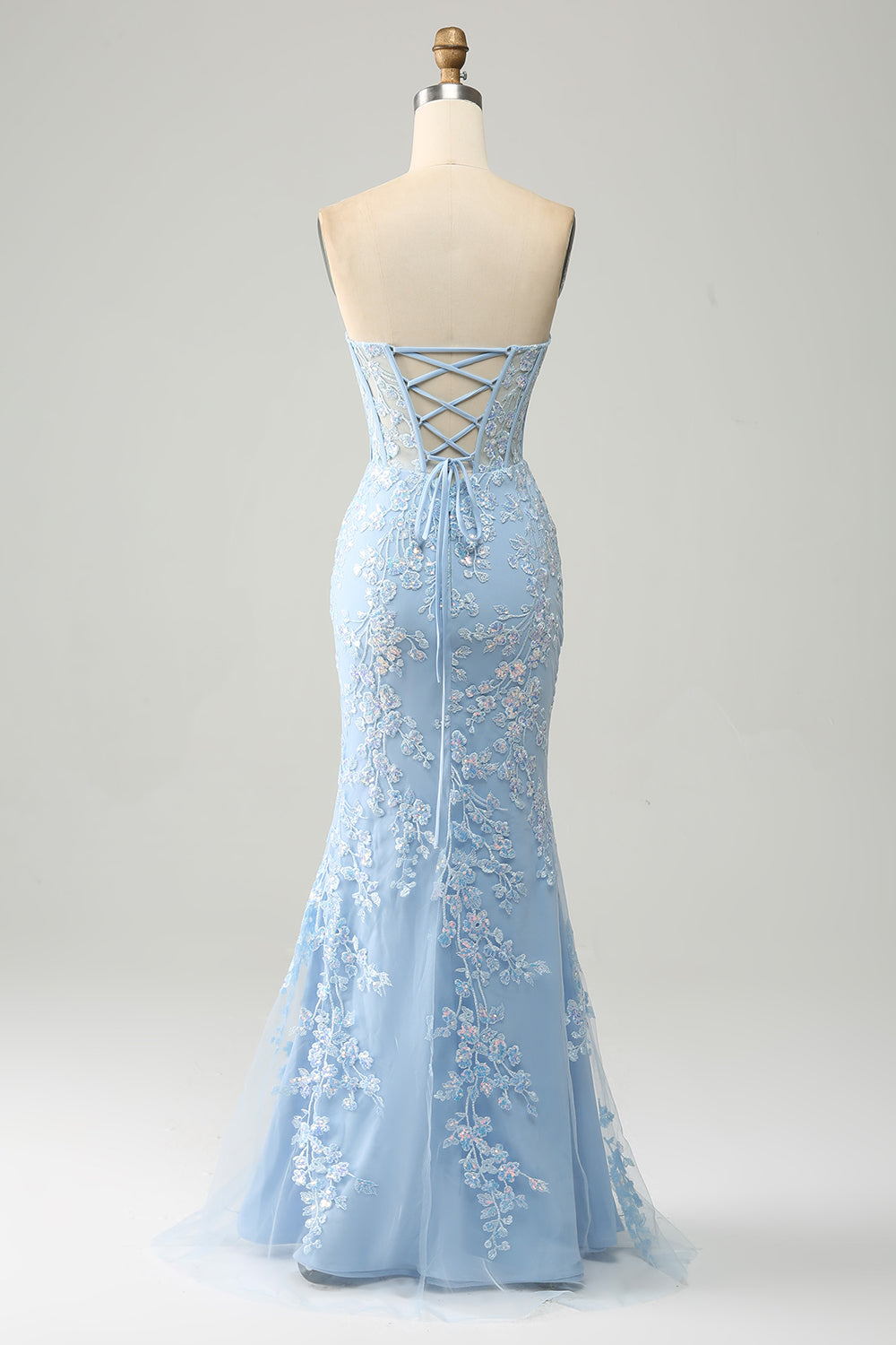 Elegante vestido de fiesta corsé azul gris de sirena con apliques