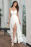 Vestido de fiesta de compromiso con corsé de gasa blanca con volantes simple con abertura