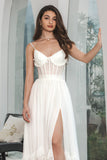 Vestido de fiesta de compromiso con corsé de gasa blanca con volantes simple con abertura
