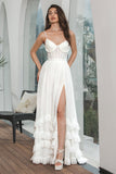 Vestido de fiesta de compromiso con corsé de gasa blanca con volantes simple con abertura