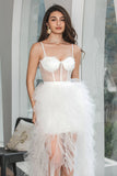 Vestido de fiesta de compromiso con corsé blanco alto bajo con volantes con encaje