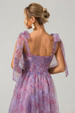 Vestido de fiesta de té estampado plisado de una línea púrpura