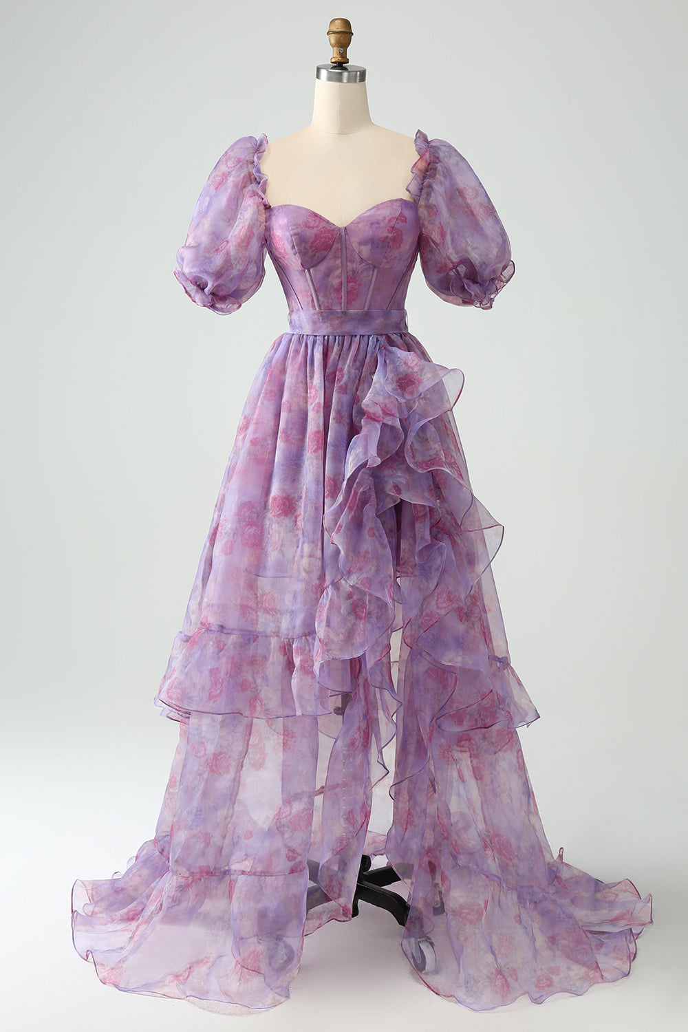Vestido de fiesta con corsé de cuello cuadrado de una línea púrpura con abertura