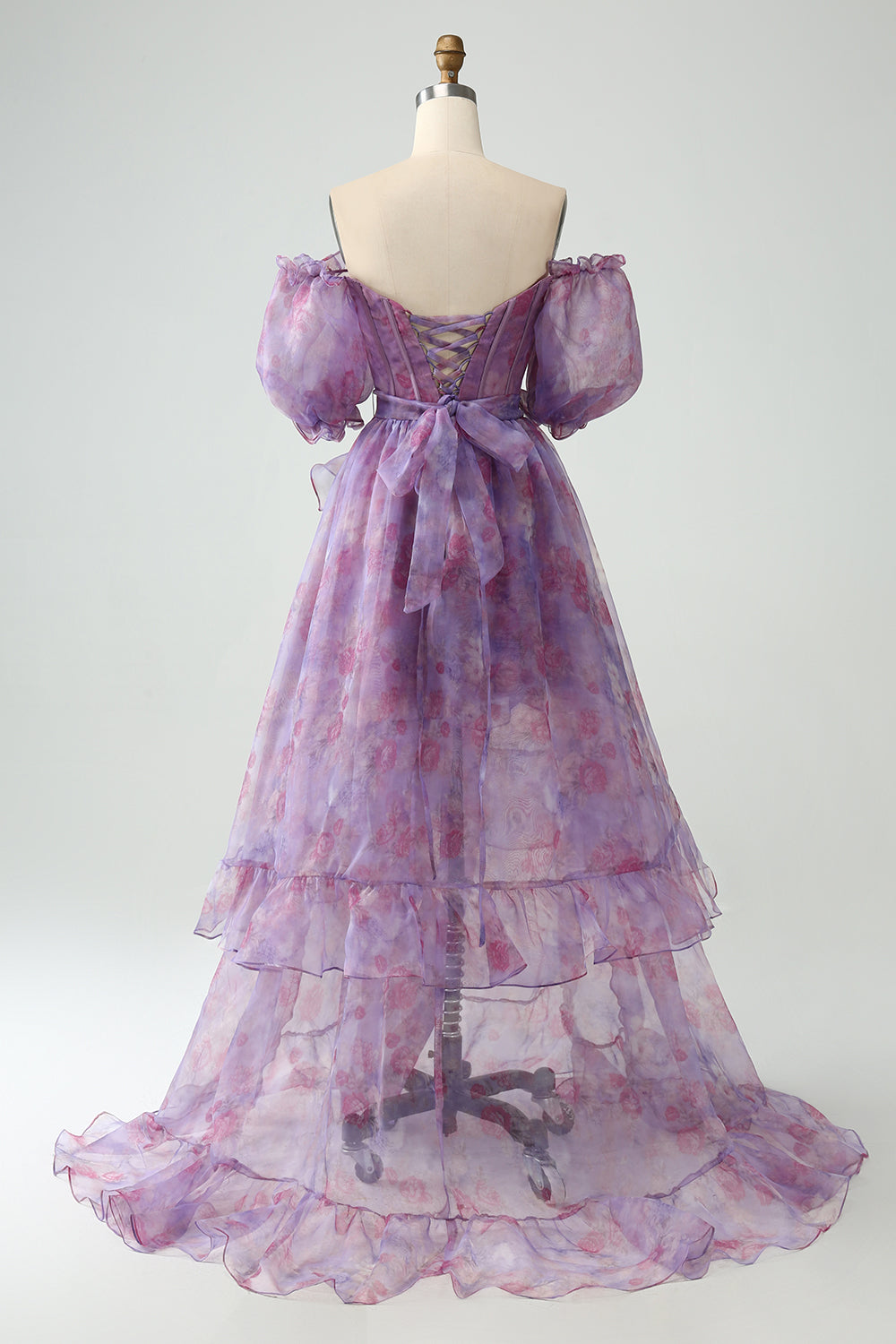 Vestido de fiesta con corsé de cuello cuadrado de una línea púrpura con abertura