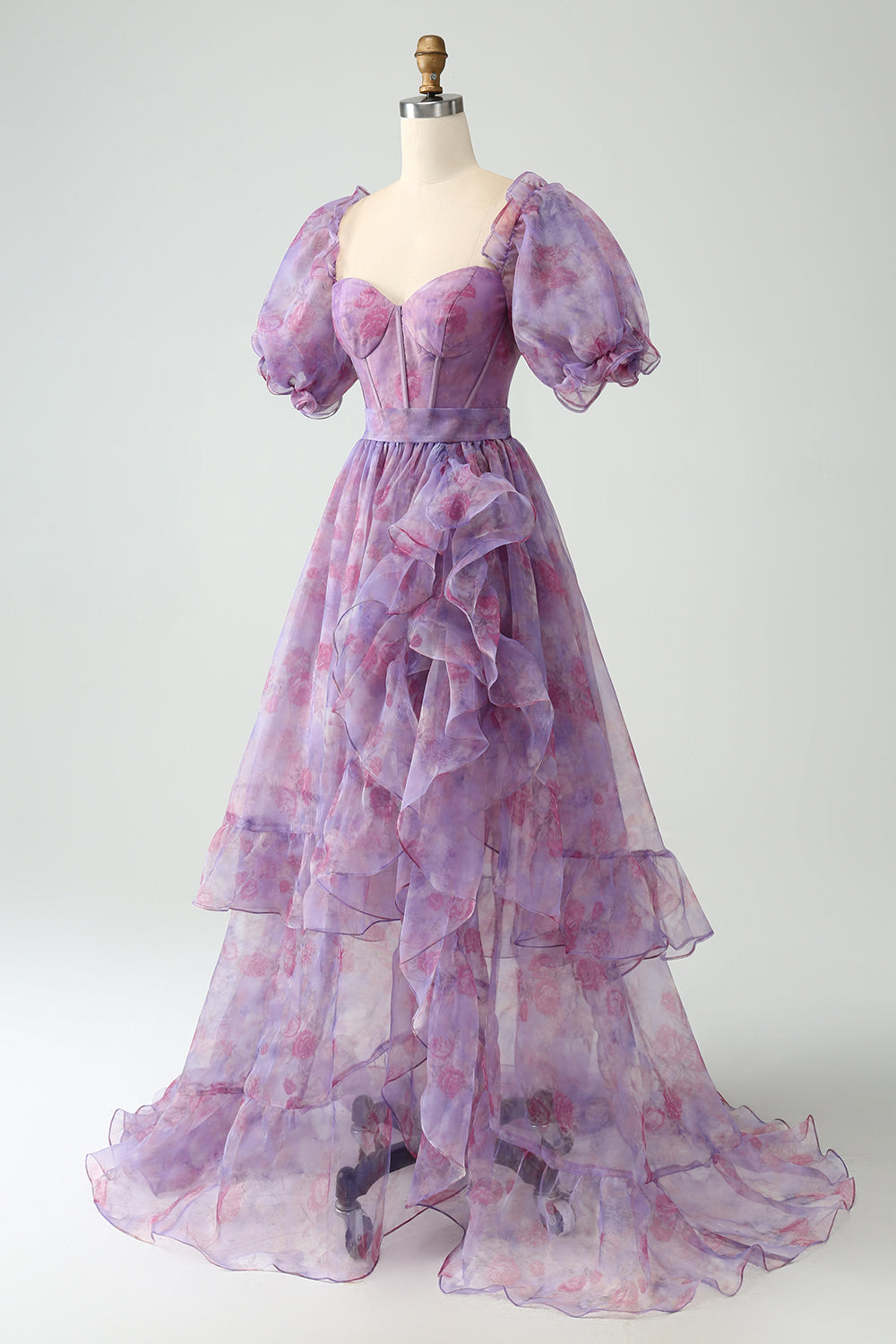 Vestido de fiesta con corsé de cuello cuadrado de una línea púrpura con abertura