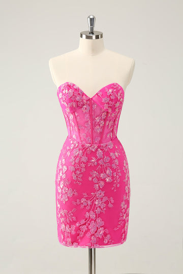 Vestido de cóctel fucsia brillante con corsé y apliques