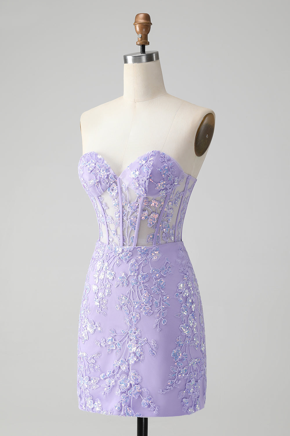 Vestido de cóctel con lentejuelas y espalda con cordones y corsé lila