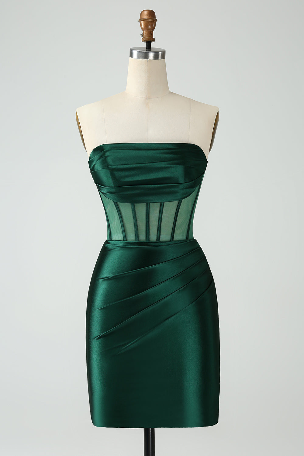 Vestido de fiesta corto sin tirantes con corsé ajustado verde oscuro
