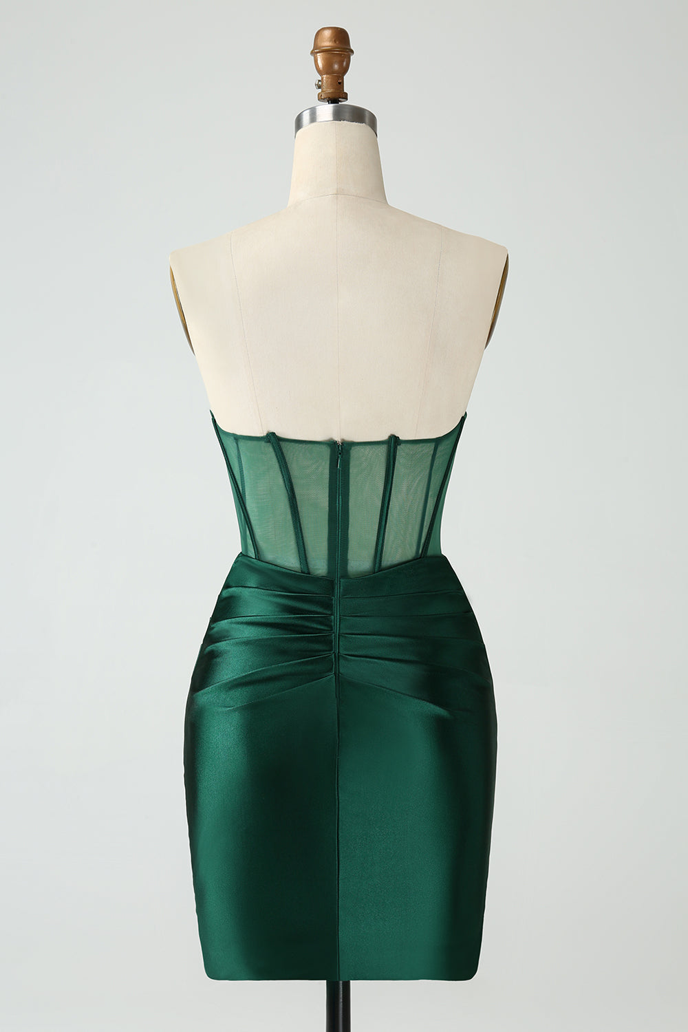 Vestido de fiesta corto sin tirantes con corsé ajustado verde oscuro