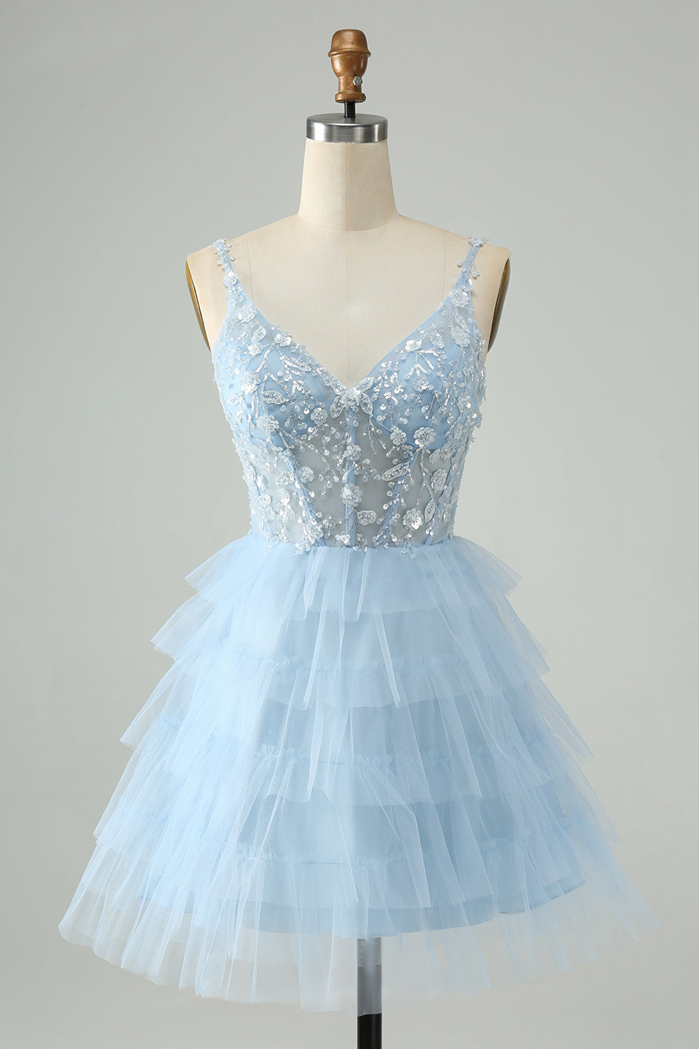 Vestido de cóctel corto con gradas de tul y tirantes finos rosa