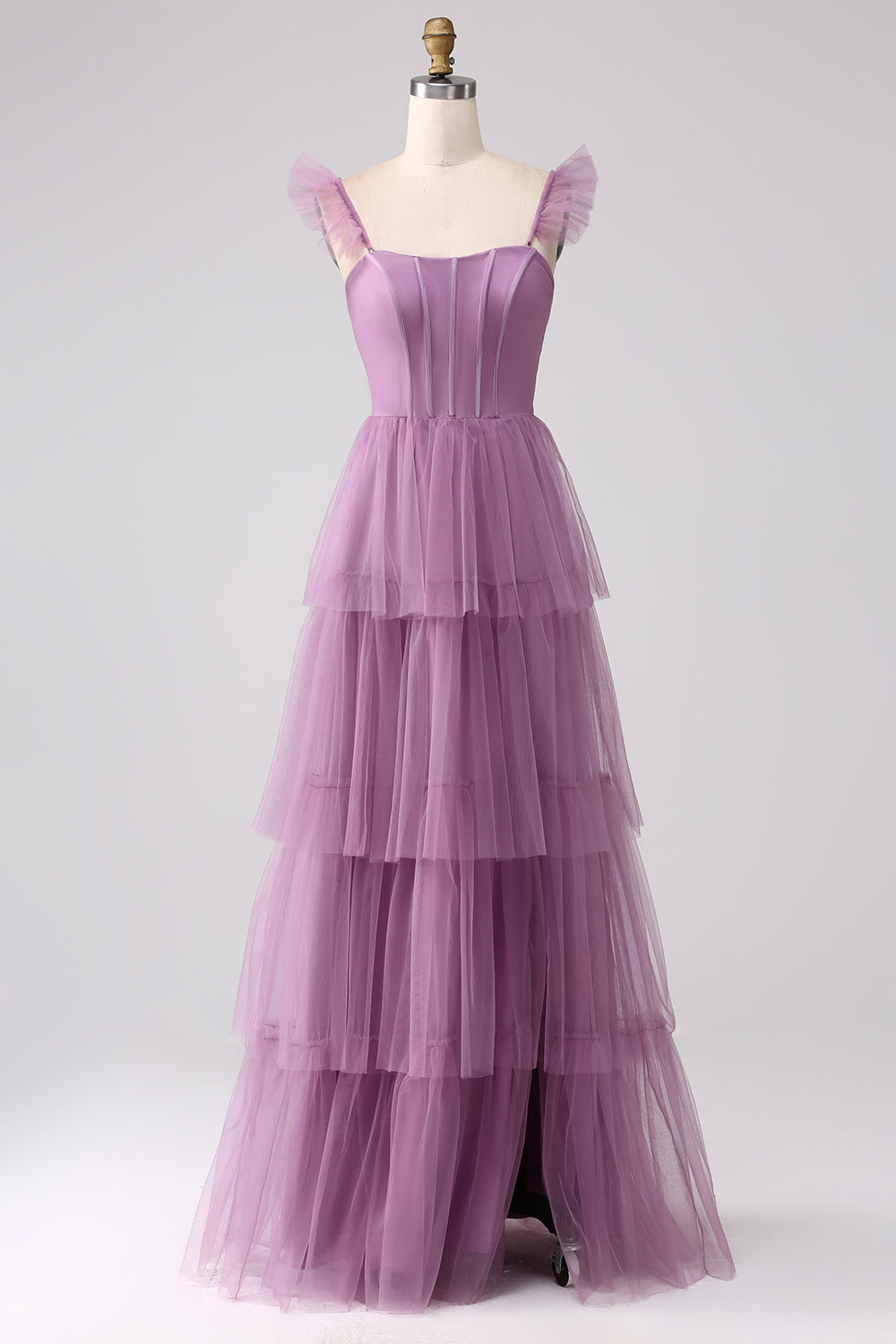 Vestido de fiesta largo plisado plisado de tul púrpura de una línea con abertura