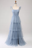 Vestido de dama de honor con corsé de tul escalonado azul empolvado de una línea con abertura