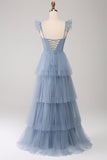 Vestido de dama de honor con corsé de tul escalonado azul empolvado de una línea con abertura