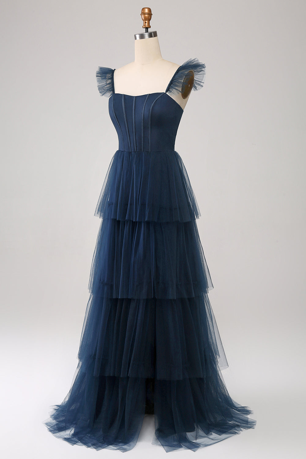Tul azul marino Vestido de dama de honor con corsé escalonado de una línea azul marino con abertura